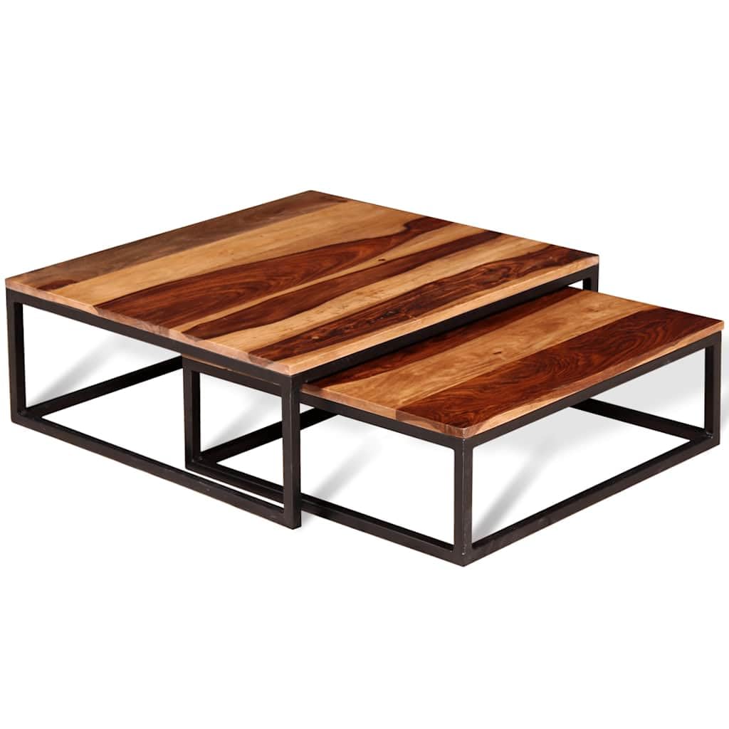 Solid Sheesham Wood Nesting Coffee Table Set with Black Iron Legs P640