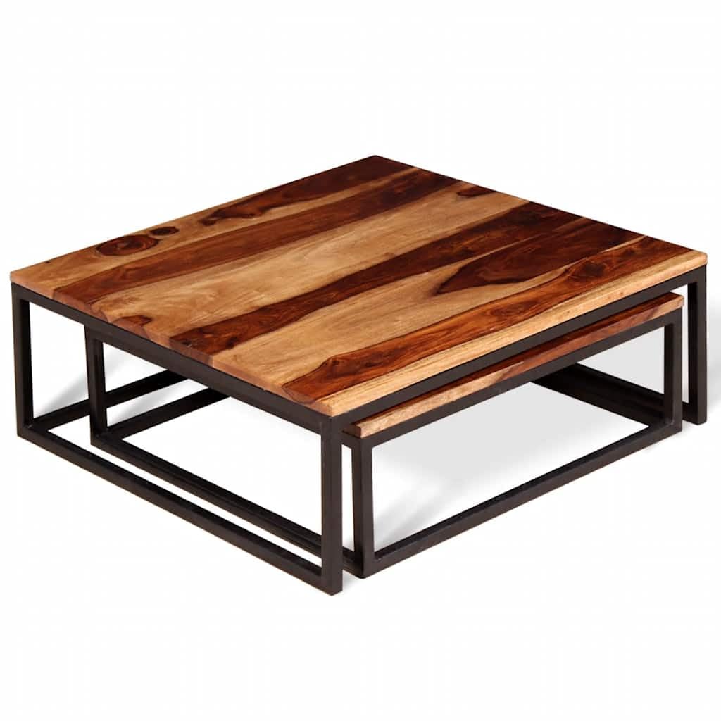 Solid Sheesham Wood Nesting Coffee Table Set with Black Iron Legs P640