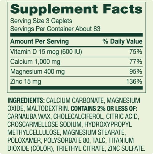 Calcium Magnesium Zinc with Vitamin D3 250 Caplets O74218