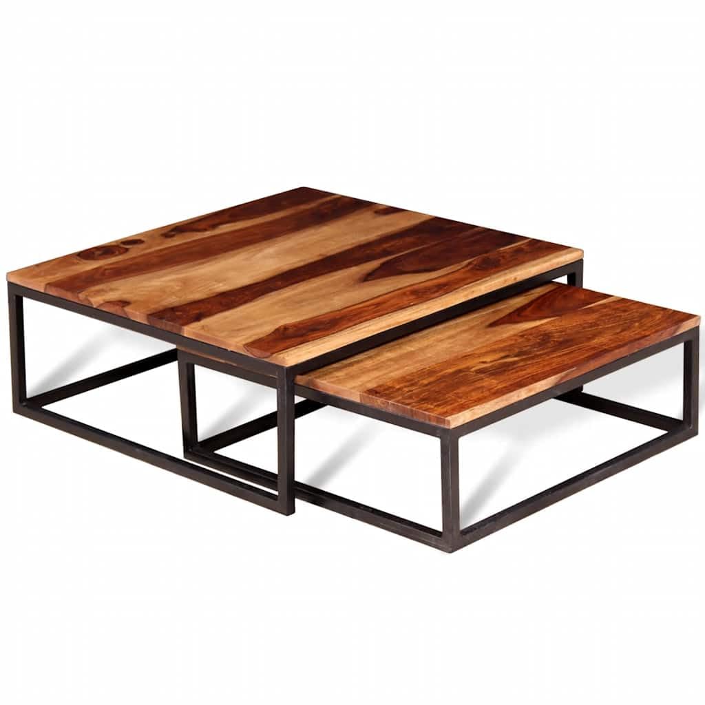 Solid Sheesham Wood Nesting Coffee Table Set with Black Iron Legs P640