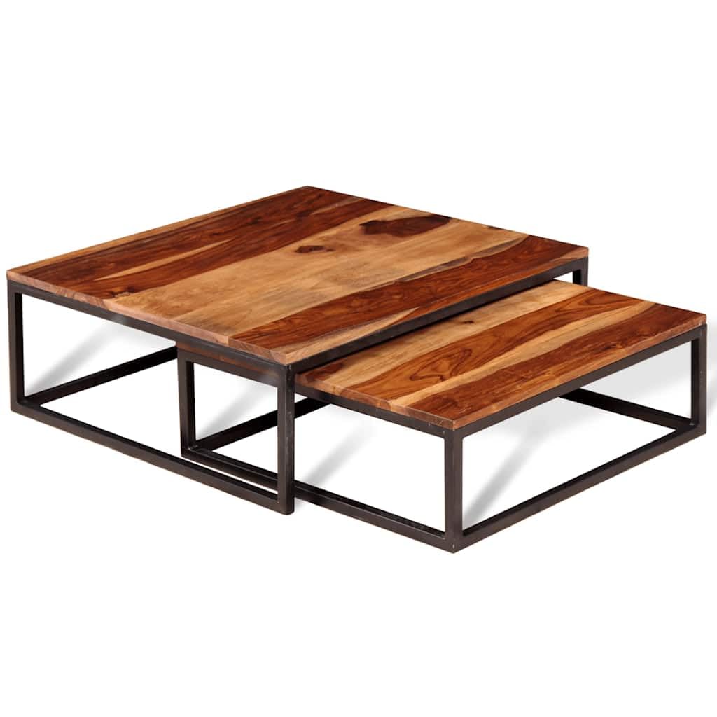Solid Sheesham Wood Nesting Coffee Table Set with Black Iron Legs P640