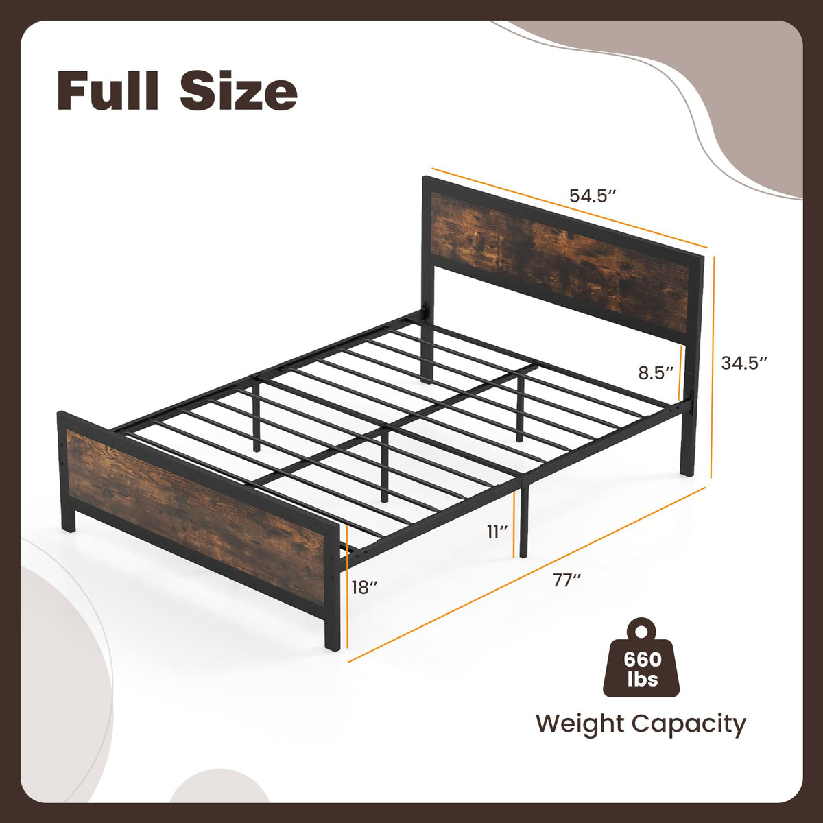 Metal Full Size Platform Bed Frame with Wood Headboard and Footboard R9805