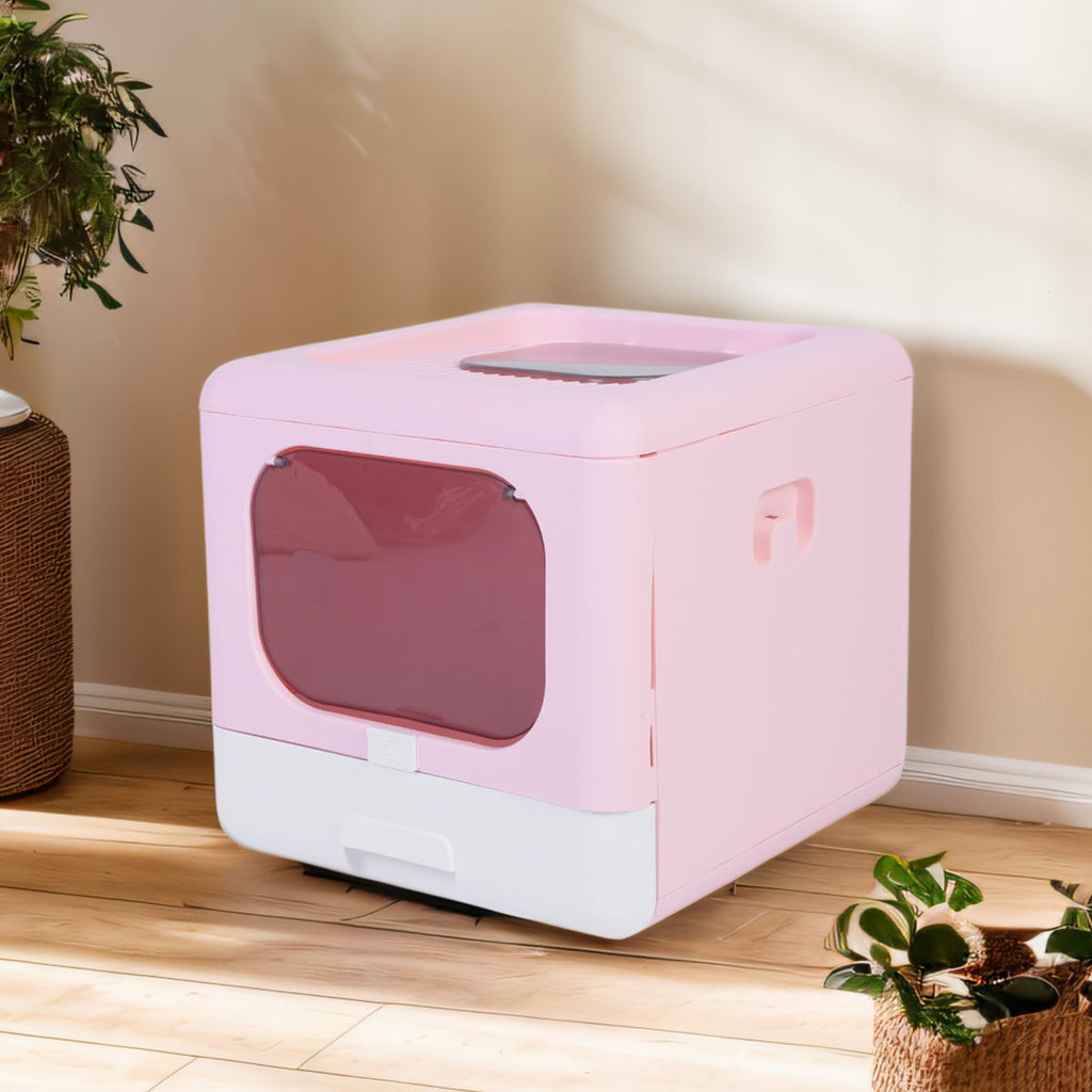 Foldable Top Entry Cat Litter Box with Lid and Scoop Large Size Pink K15784