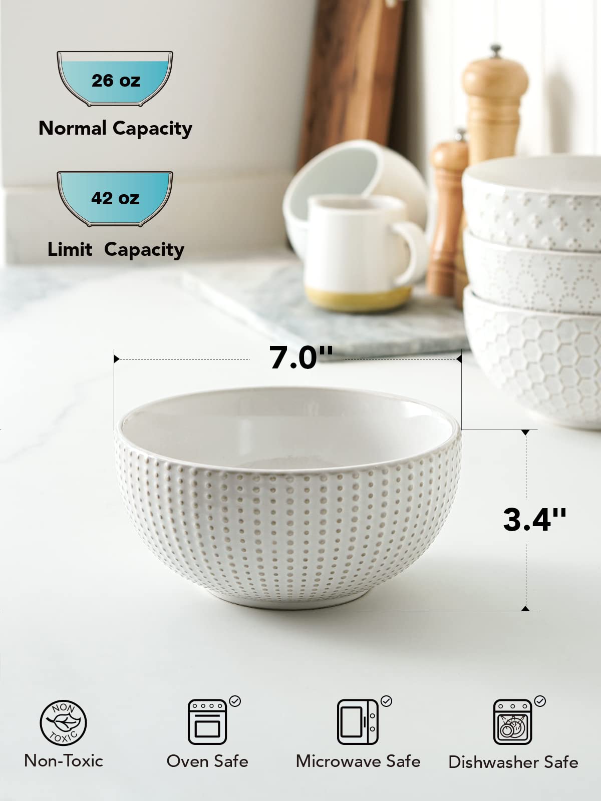 Ceramic Soup Bowl Set, 42 OZ, 7 Inch, Set of 4, Arctic White O37685