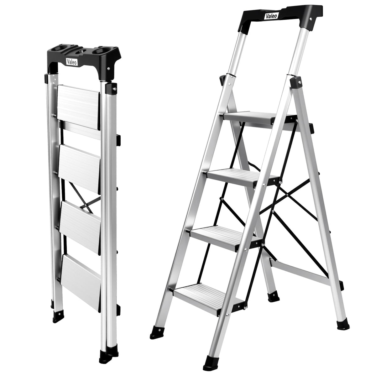 Aluminium 4 Step Ladder with Retractable Handgrip, 330 lbs Capacity, Silver F381879