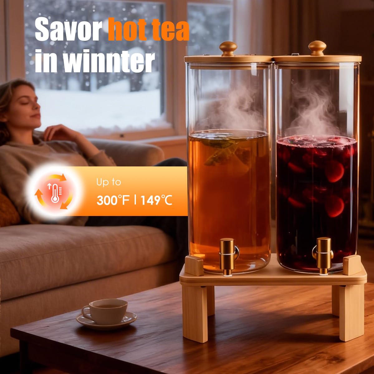 2 Gallon 2 Pack Glass Drink Dispenser with Wood Stand D479
