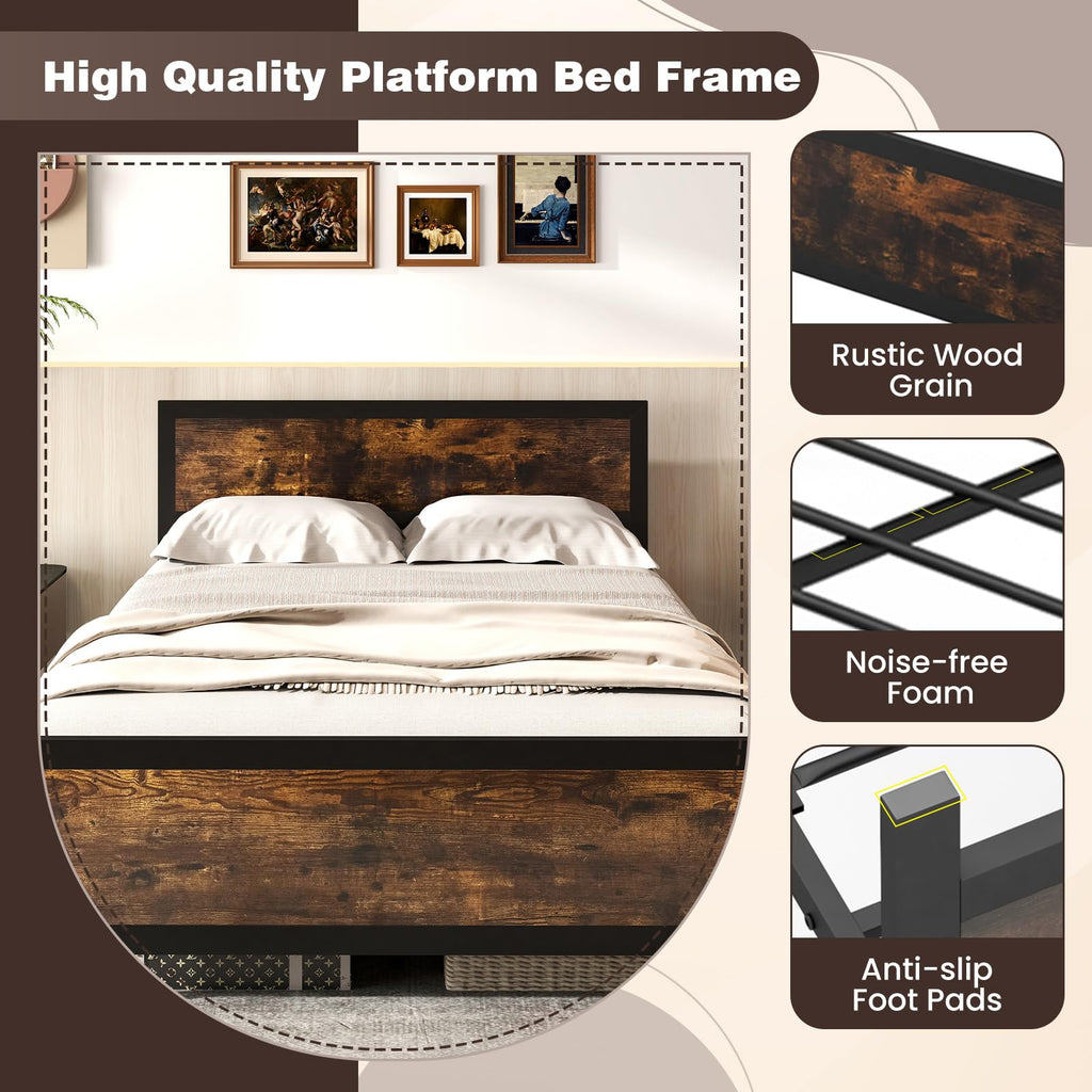 Metal Full Size Platform Bed Frame with Wood Headboard and Footboard R9805