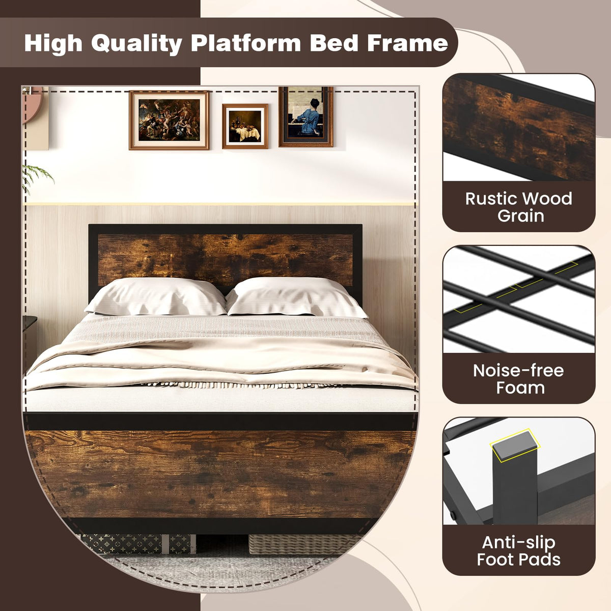 Metal Full Size Platform Bed Frame with Wood Headboard and Footboard R9805