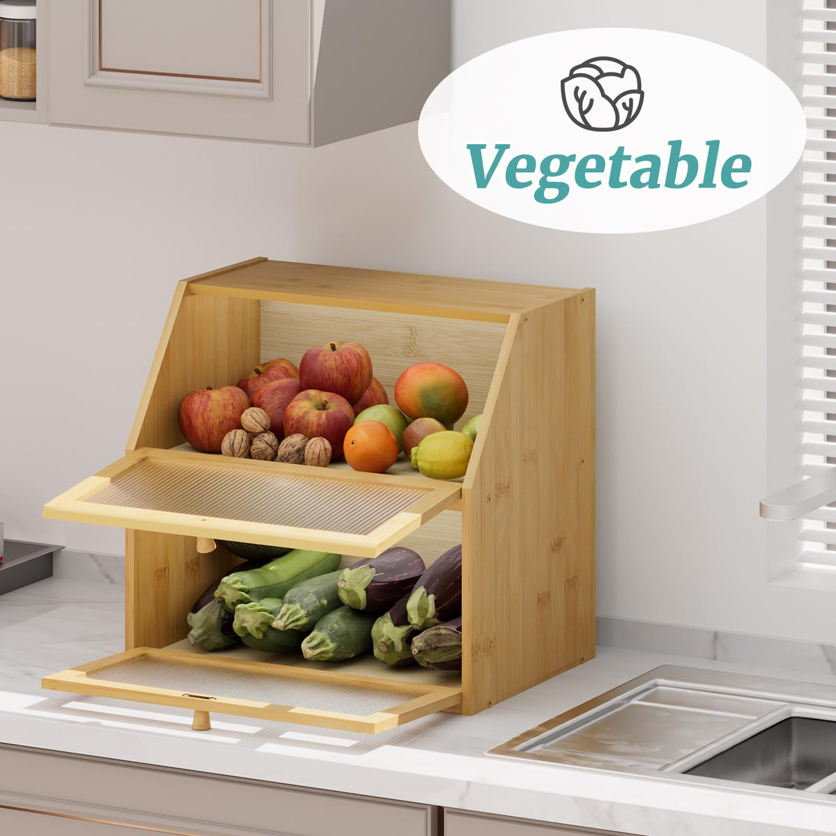 Extra Large Bamboo Wood Double Layer Bread Box O487727