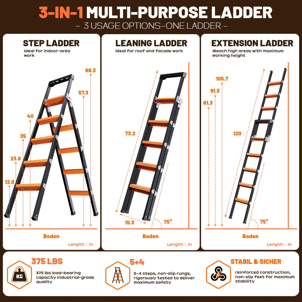 3-in-1 Multi-Position 5 Step Steel Folding Ladder N3141