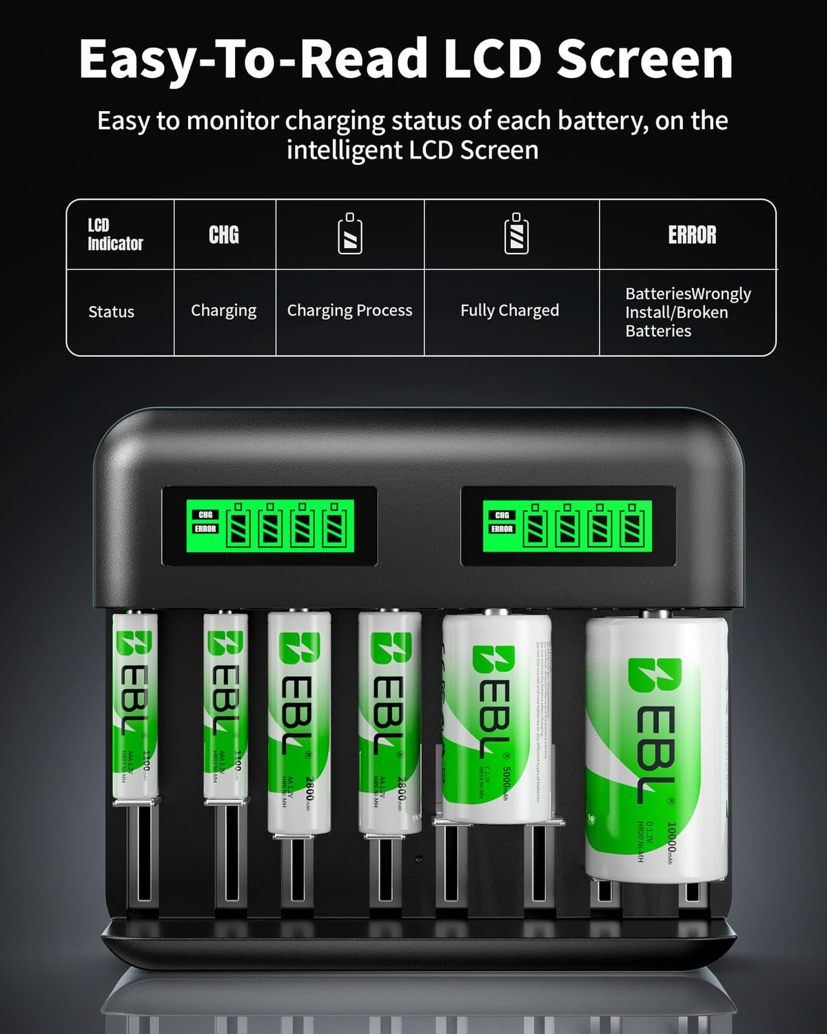 AA AAA C D Rechargeable Battery Charger with 8 PCS Batteries Y265764