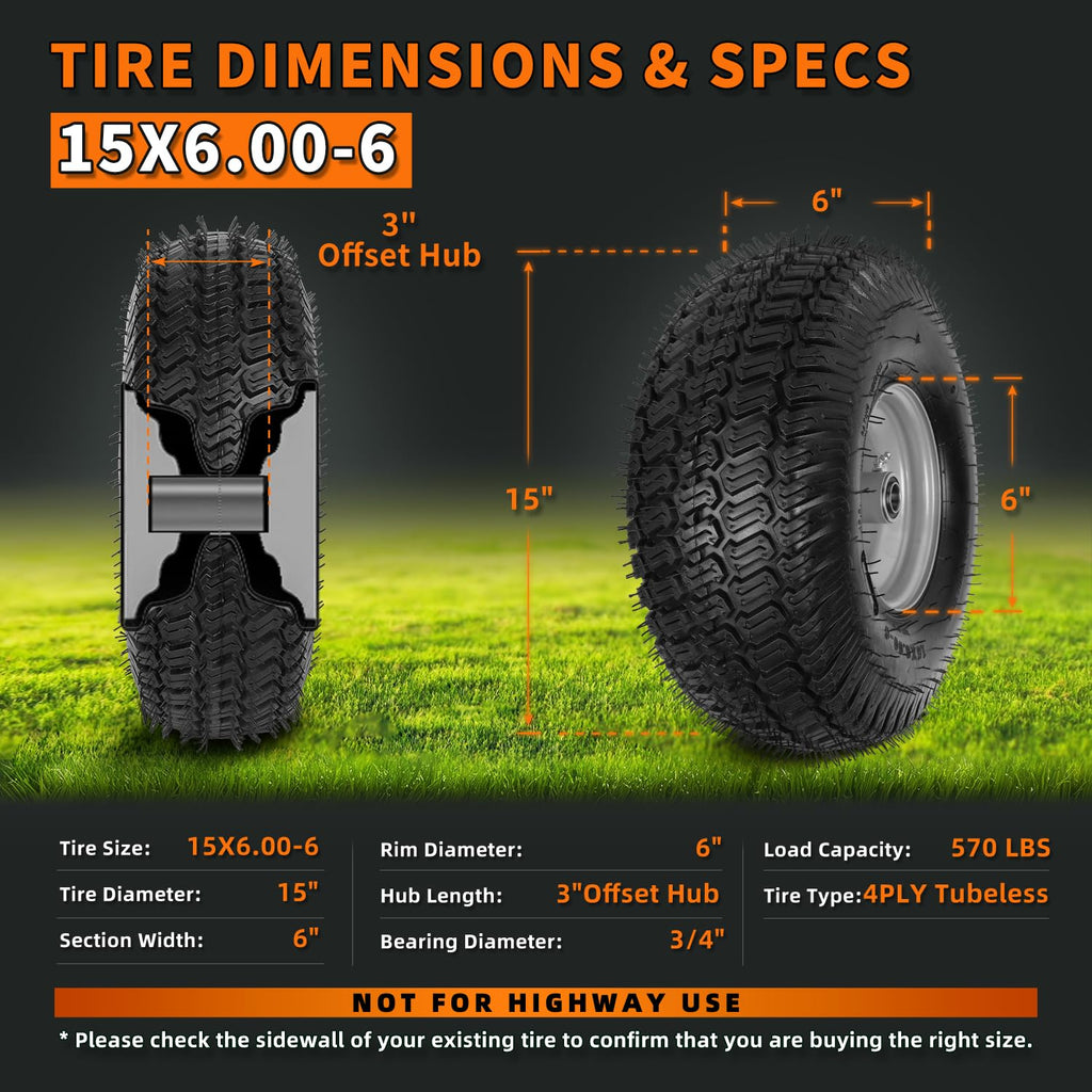 2 Pack 15x6.00-6nhs Tubeless Lawn Mower Tires and Wheel X983599