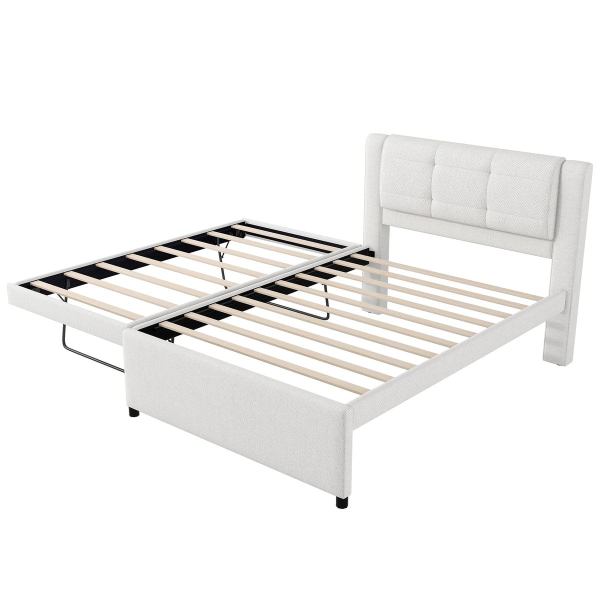 Full Size Linen Fabric Upholstered Platform Bed with Twin Size Trundle B899