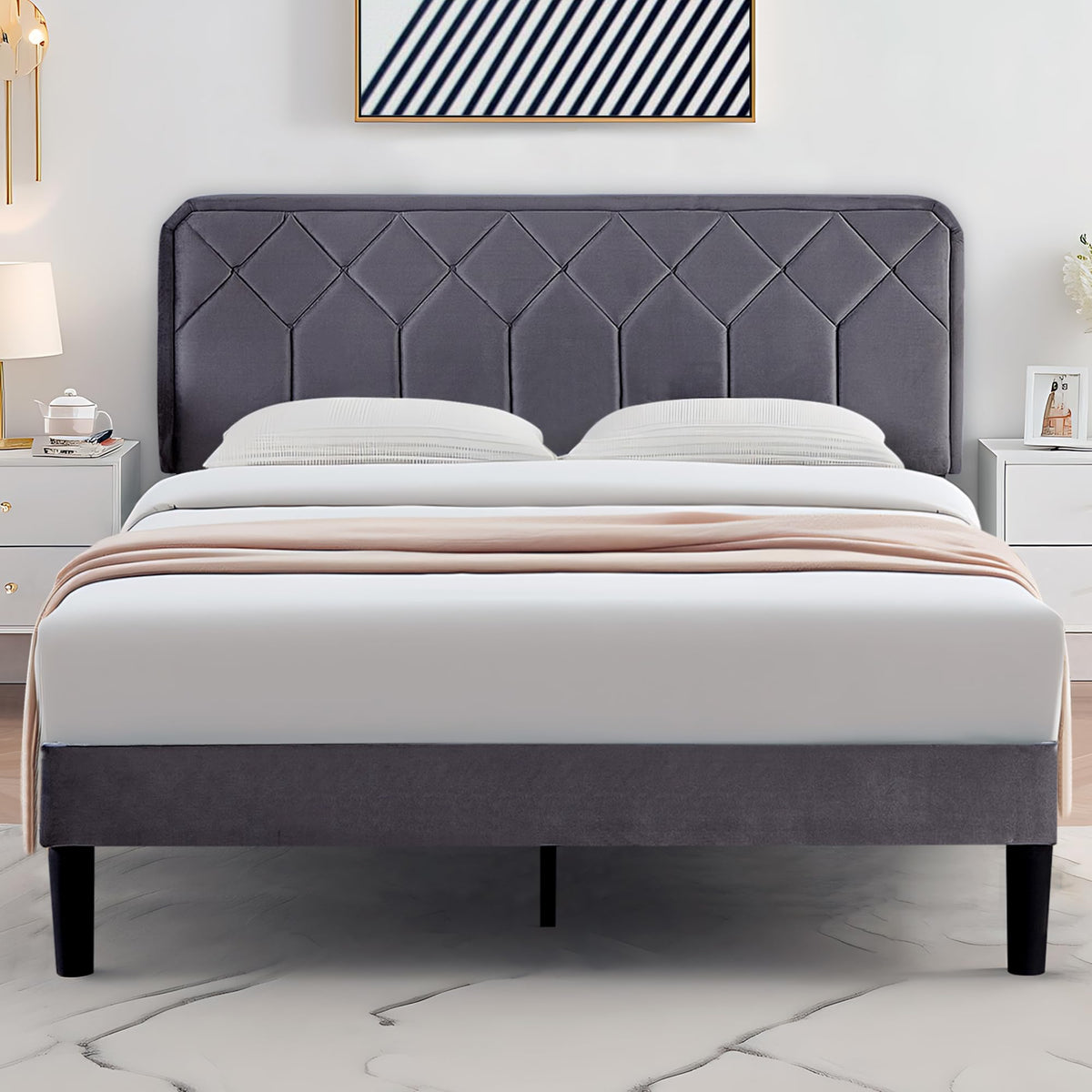 Queen Size Velvet Upholstered Platform Bed Frame G794