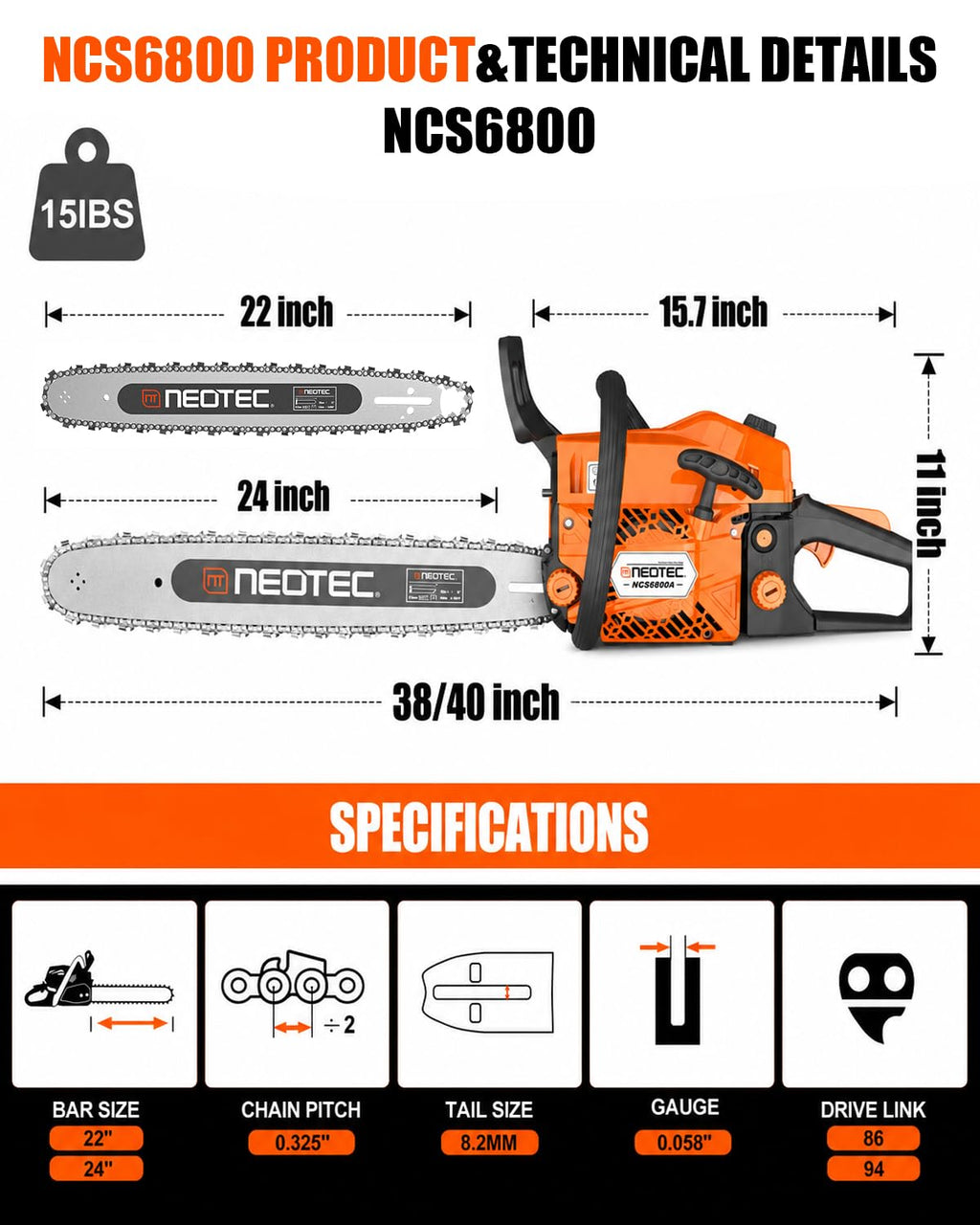 68CC Gas Powered Chainsaw 22 24 Inch Bars 2-Cycle C715050