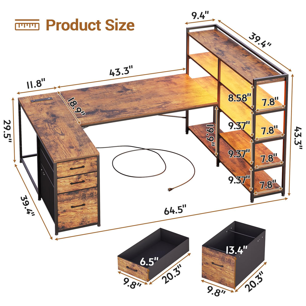 64.5" Reversible L Shaped Office Desk with Storage Drawers W364