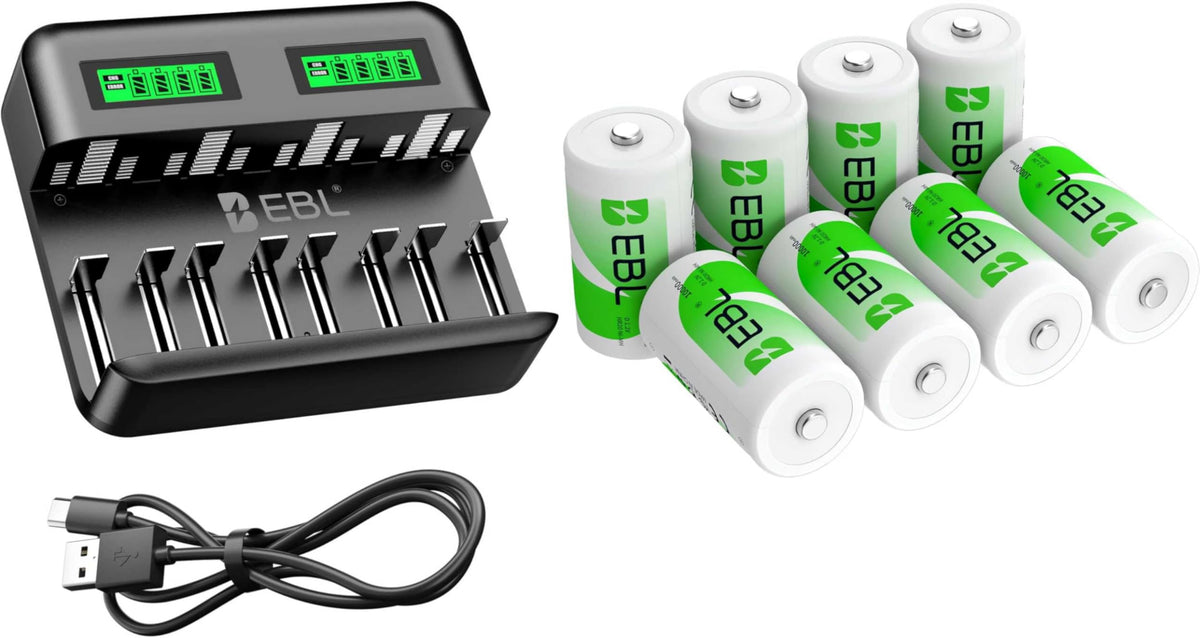 AA AAA C D Rechargeable Battery Charger with 8 PCS Batteries Y265764