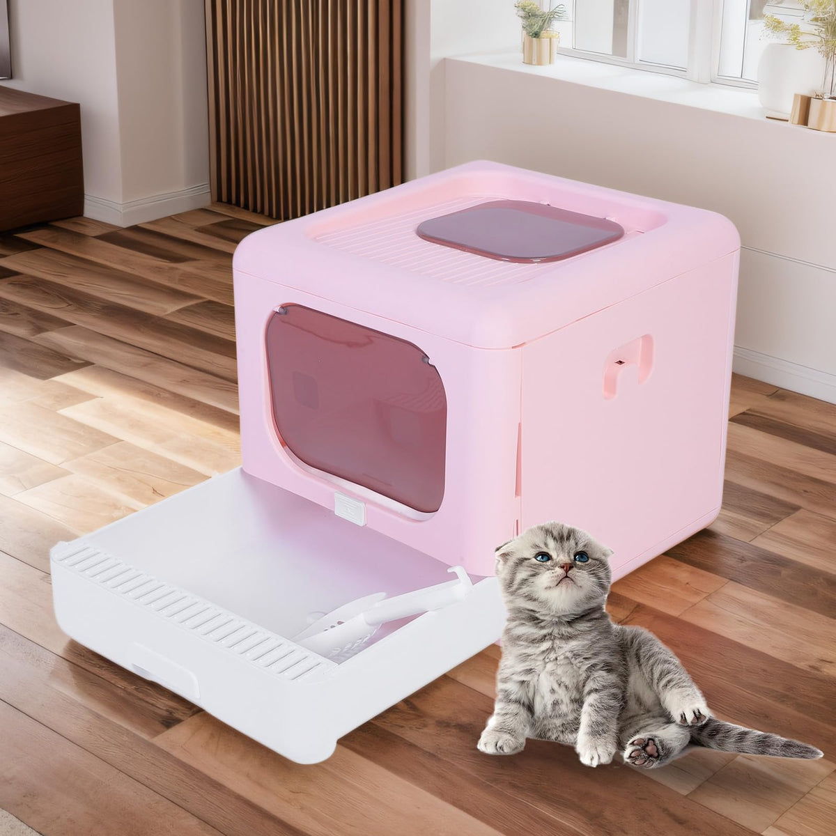 Foldable Top Entry Cat Litter Box with Lid and Scoop Large Size Pink K15784