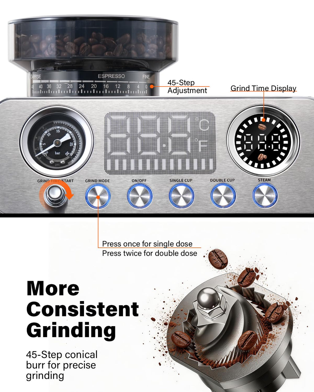20 Bar Espresso Machine with Built-In Grinder W18647
