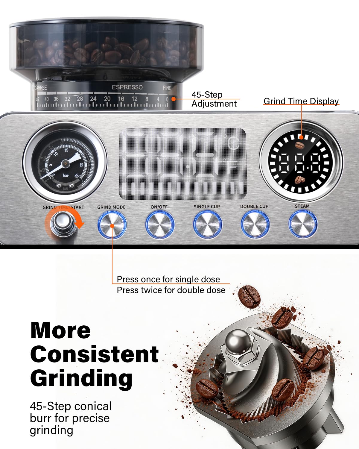 20 Bar Espresso Machine with Built-In Grinder W18647