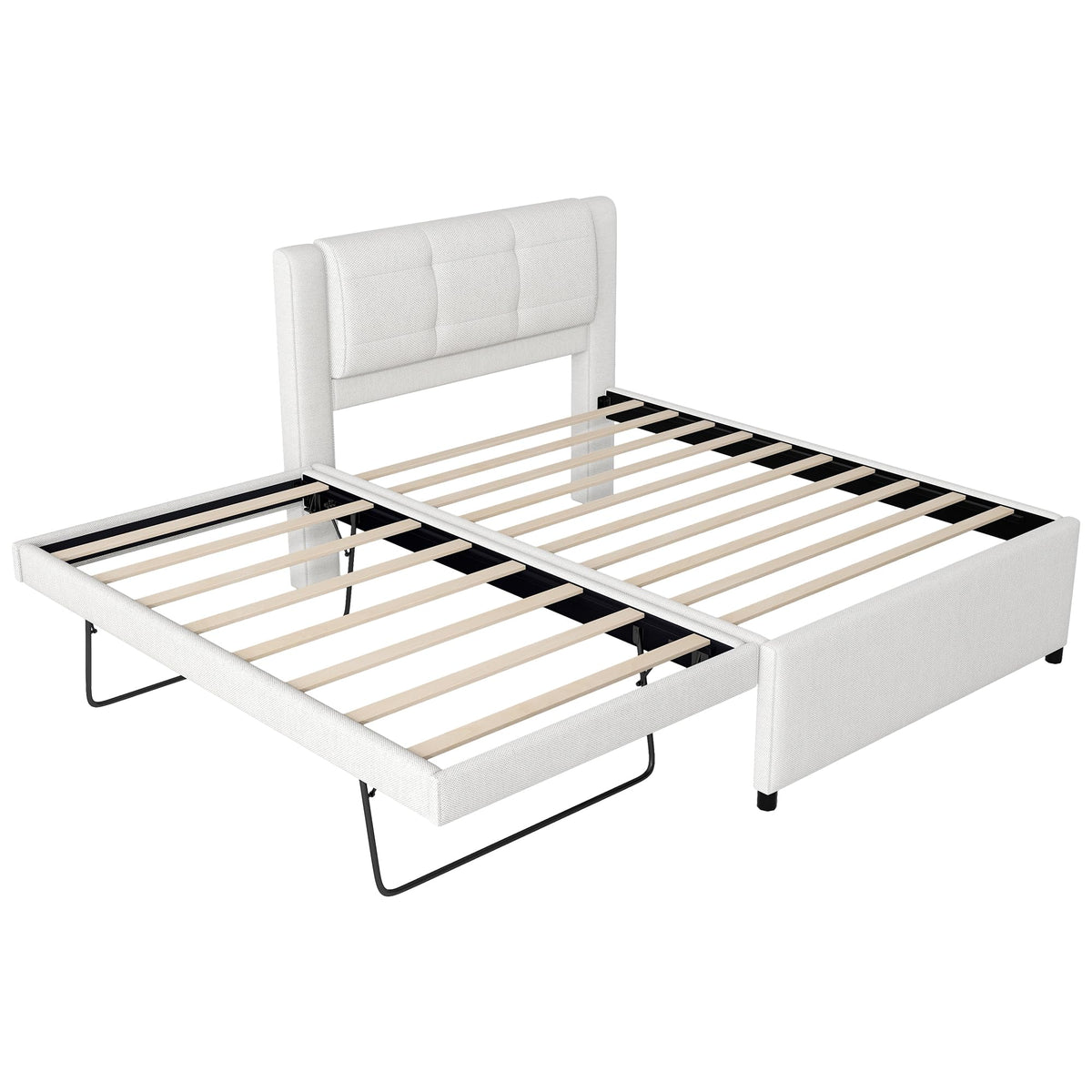 Full Size Linen Fabric Upholstered Platform Bed with Twin Size Trundle B899