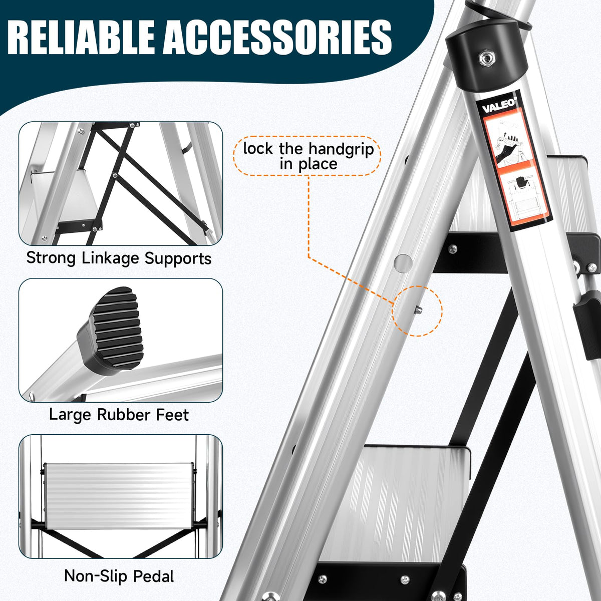 Aluminium 4 Step Ladder with Retractable Handgrip, 330 lbs Capacity, Silver F381879