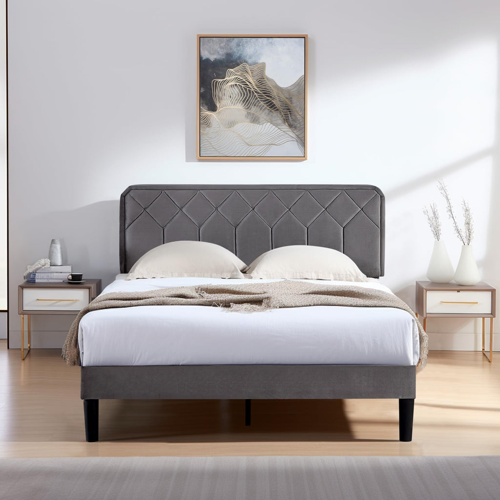 Queen Size Velvet Upholstered Platform Bed Frame G794