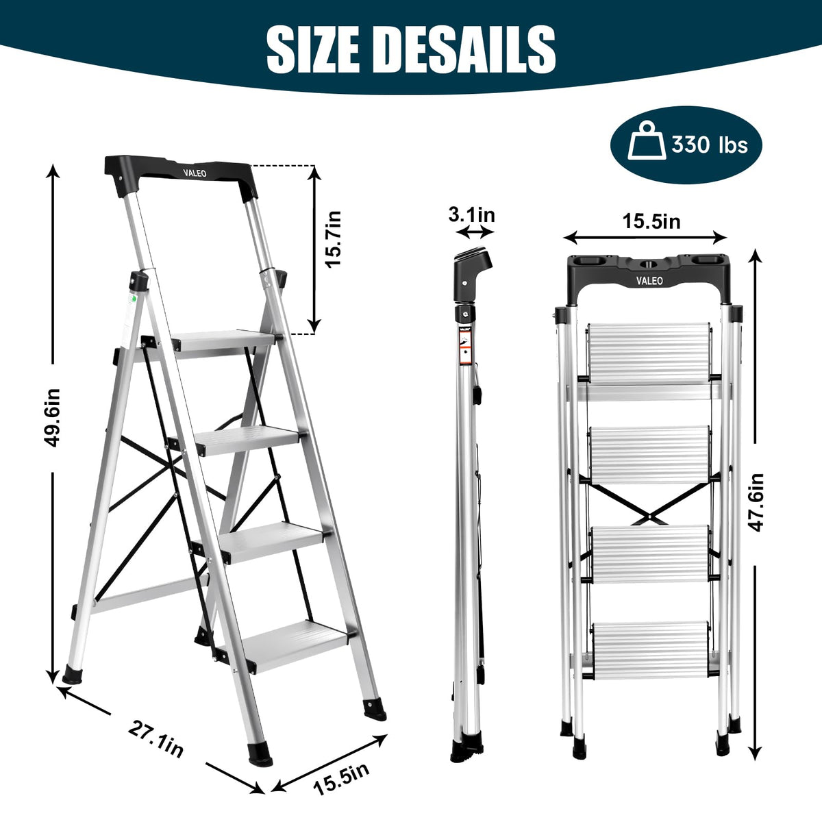 Aluminium 4 Step Ladder with Retractable Handgrip, 330 lbs Capacity, Silver F381879