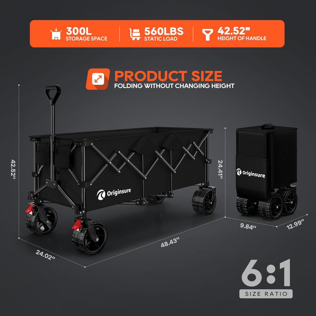 Black Foldable Beach Wagon with Big Wheels D984