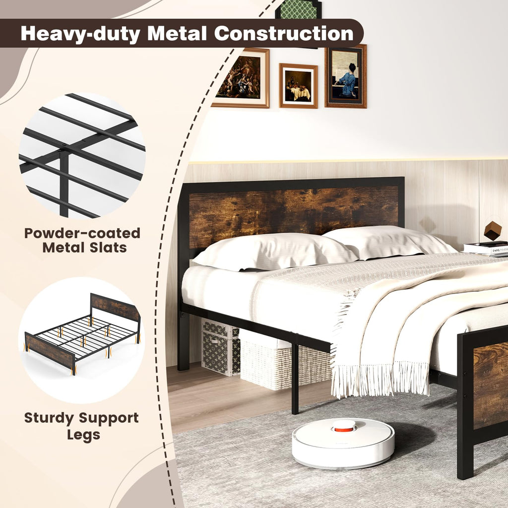 Metal Full Size Platform Bed Frame with Wood Headboard and Footboard R9805
