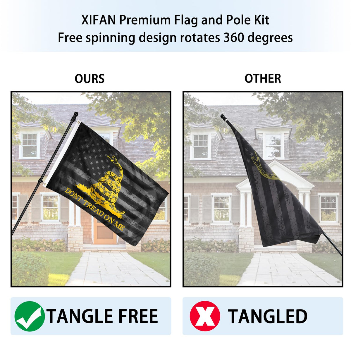 6ft Stainless Steel Spinning Flag Pole with 3x5 ft Double Sided Flag O1546