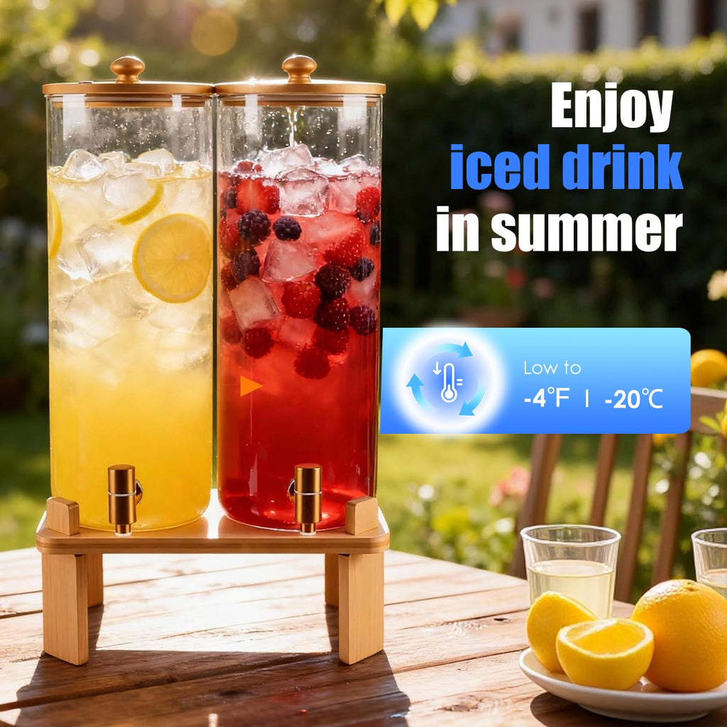 2 Gallon 2 Pack Glass Drink Dispenser with Wood Stand D479