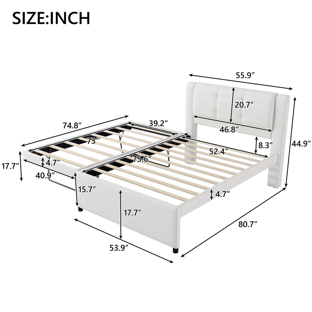 Full Size Linen Fabric Upholstered Platform Bed with Twin Size Trundle B899