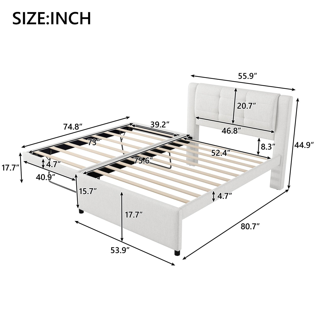 Full Size Linen Fabric Upholstered Platform Bed with Twin Size Trundle B899