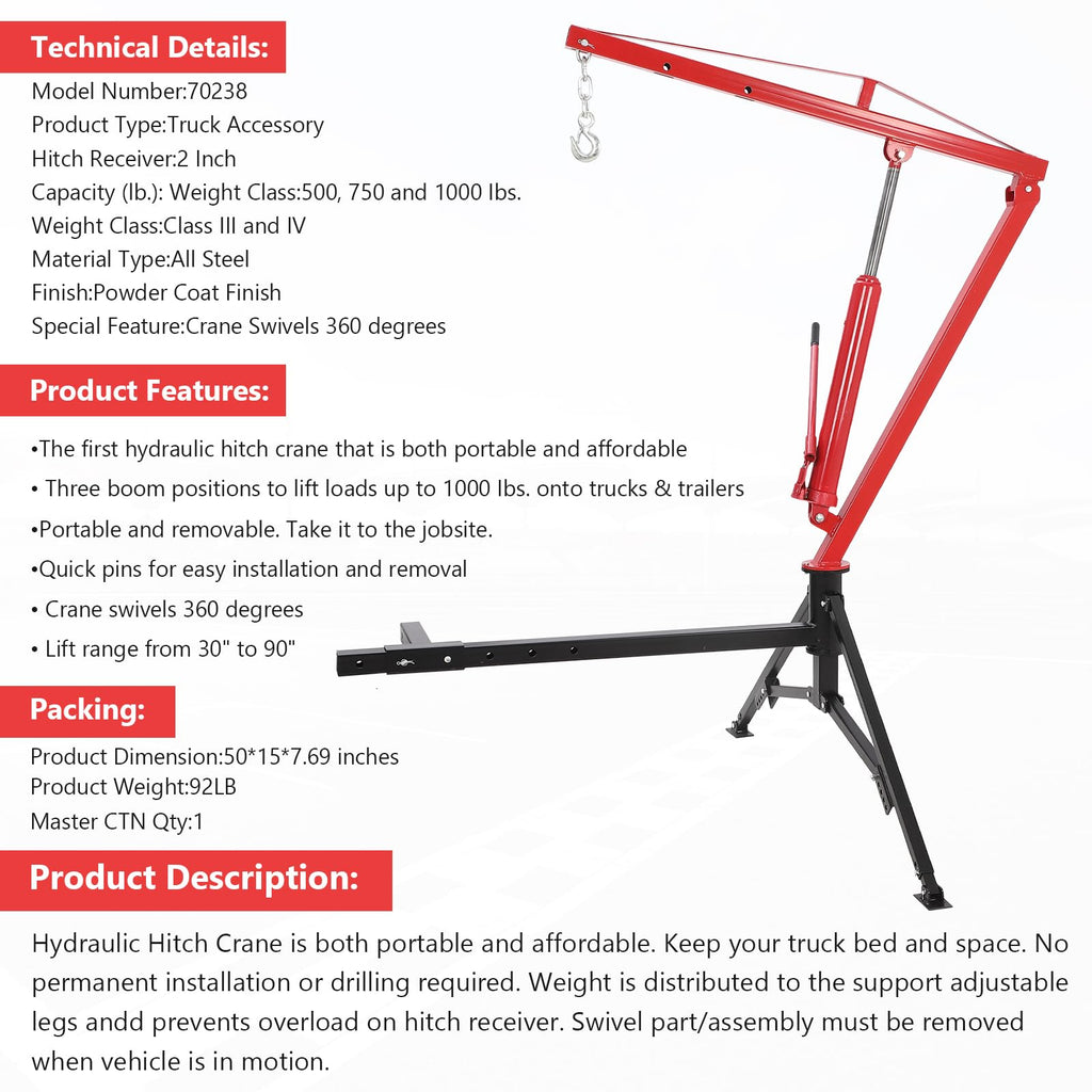 1000lbs Hydraulic Pickup Truck Crane, 360° Swivel Hitch Receiver Mounted with Adjustable Boom V3729