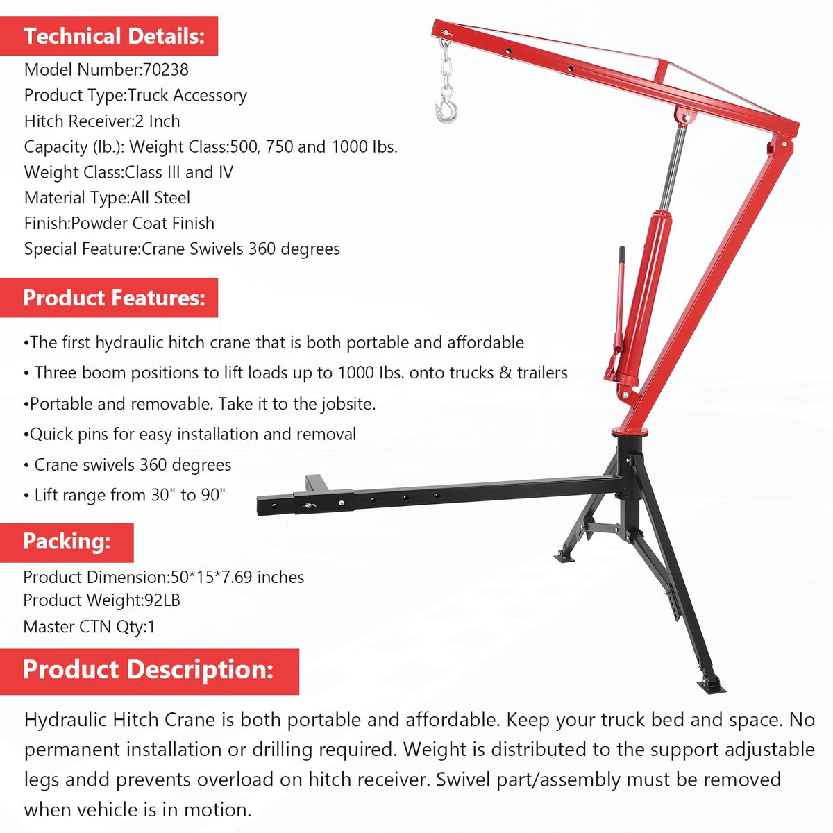 1000lbs Hydraulic Pickup Truck Crane, 360° Swivel Hitch Receiver Mounted with Adjustable Boom V3729
