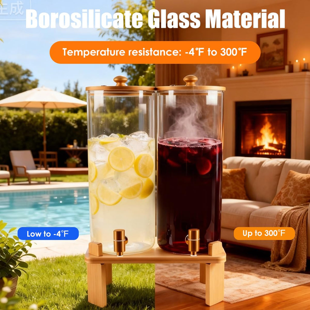 2 Gallon 2 Pack Glass Drink Dispenser with Wood Stand D479