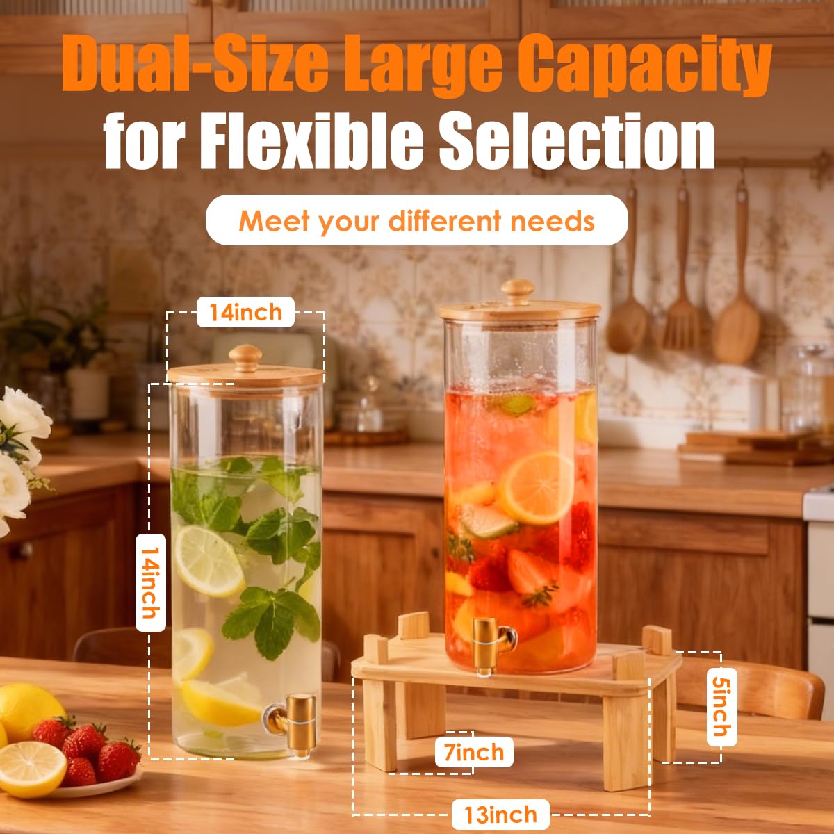 2 Gallon 2 Pack Glass Drink Dispenser with Wood Stand D479
