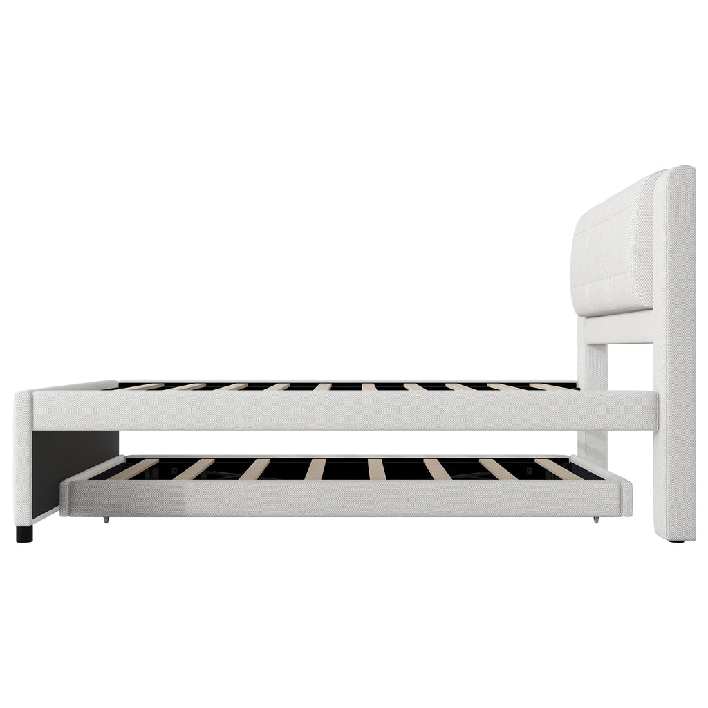 Full Size Linen Fabric Upholstered Platform Bed with Twin Size Trundle B899