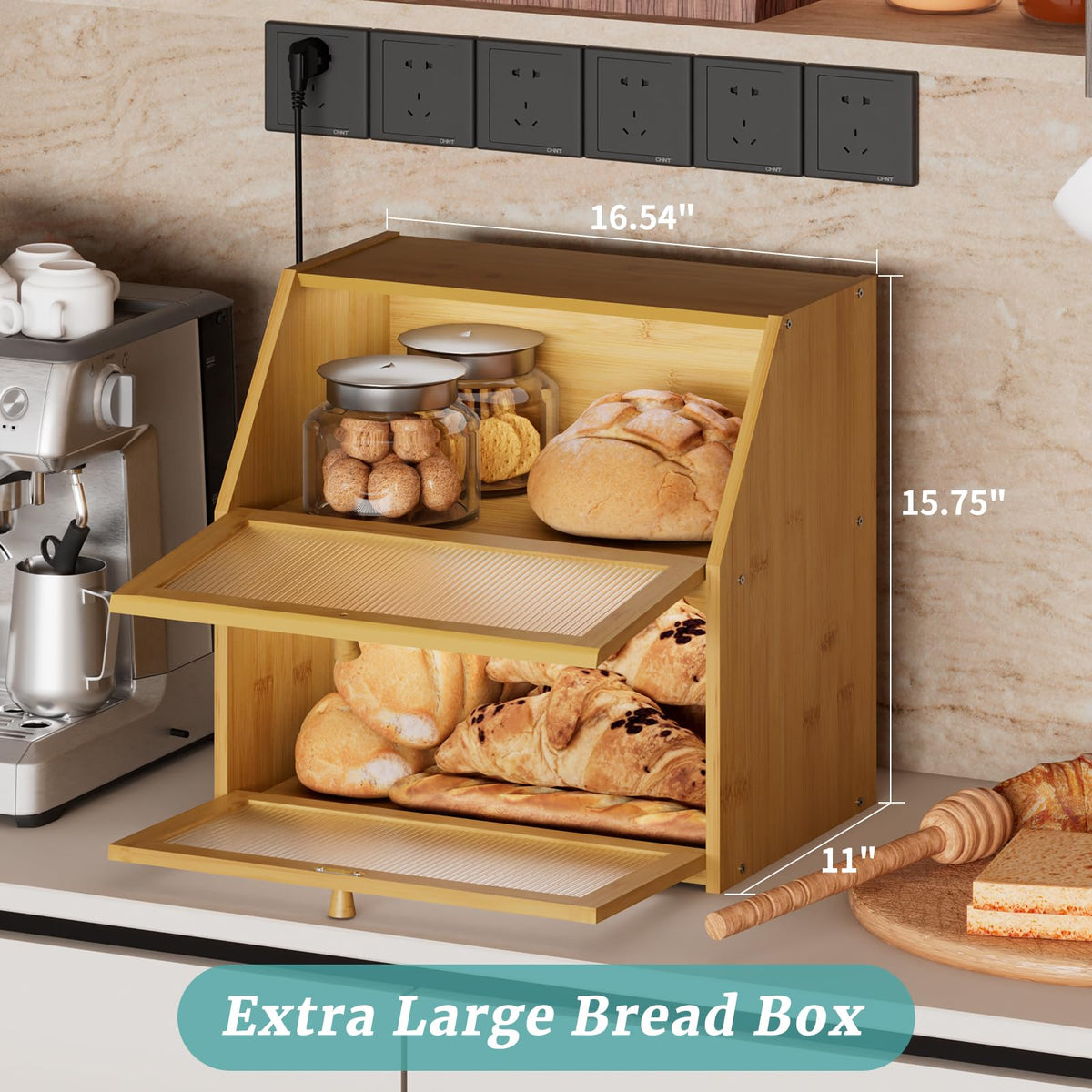 Extra Large Bamboo Wood Double Layer Bread Box O487727
