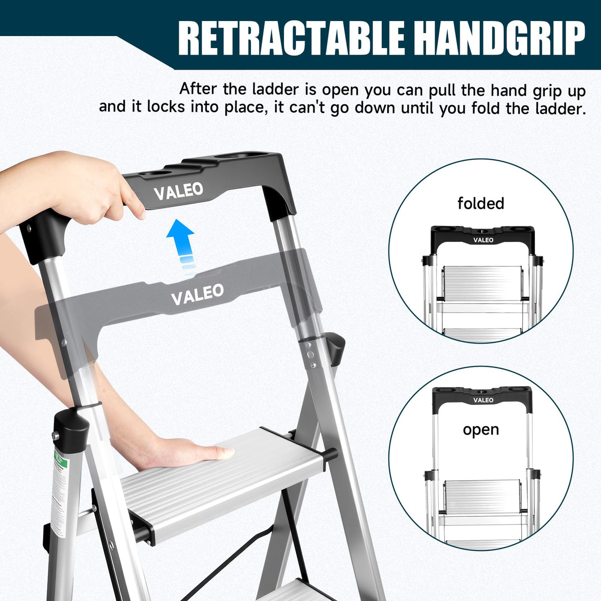 Aluminium 4 Step Ladder with Retractable Handgrip, 330 lbs Capacity, Silver F381879
