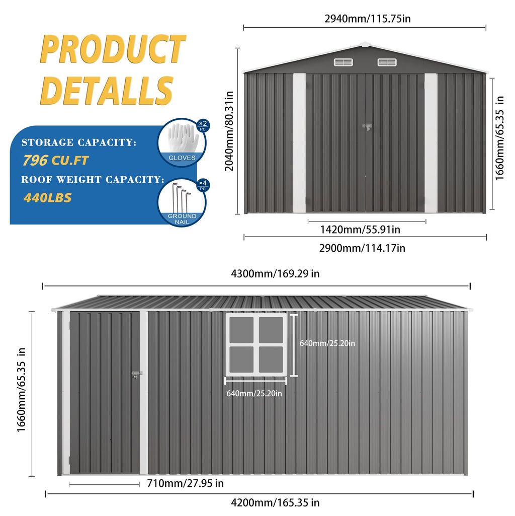 10x14x6.7FT Galvanized Steel Outdoor Storage Shed with Lockable Door & Window K6083