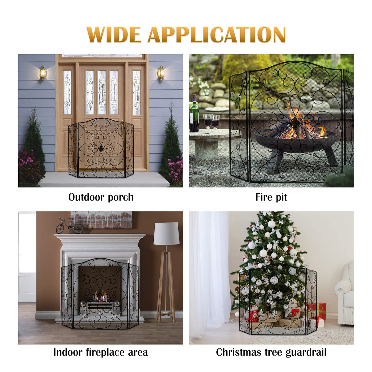 Black 3 Panel Foldable Wrought Iron Fireplace Screen Y191