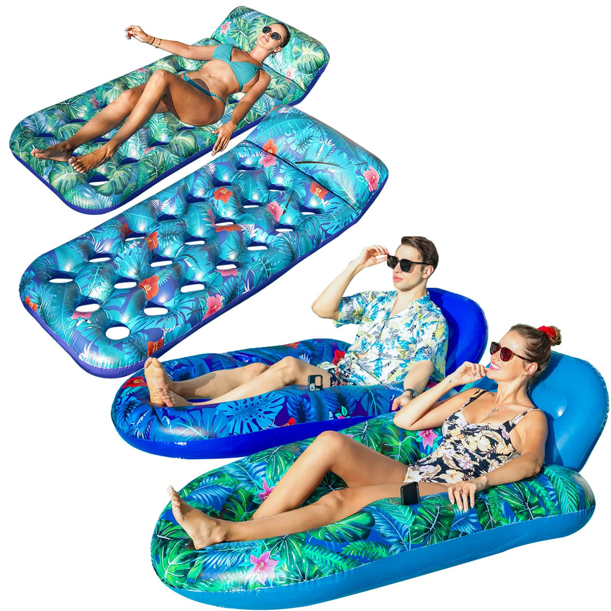 4 Pack Oversized Inflatable Pool Floats with Headrest and Cup Holder P1956