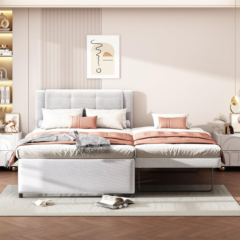 Full Size Linen Fabric Upholstered Platform Bed with Twin Size Trundle B899