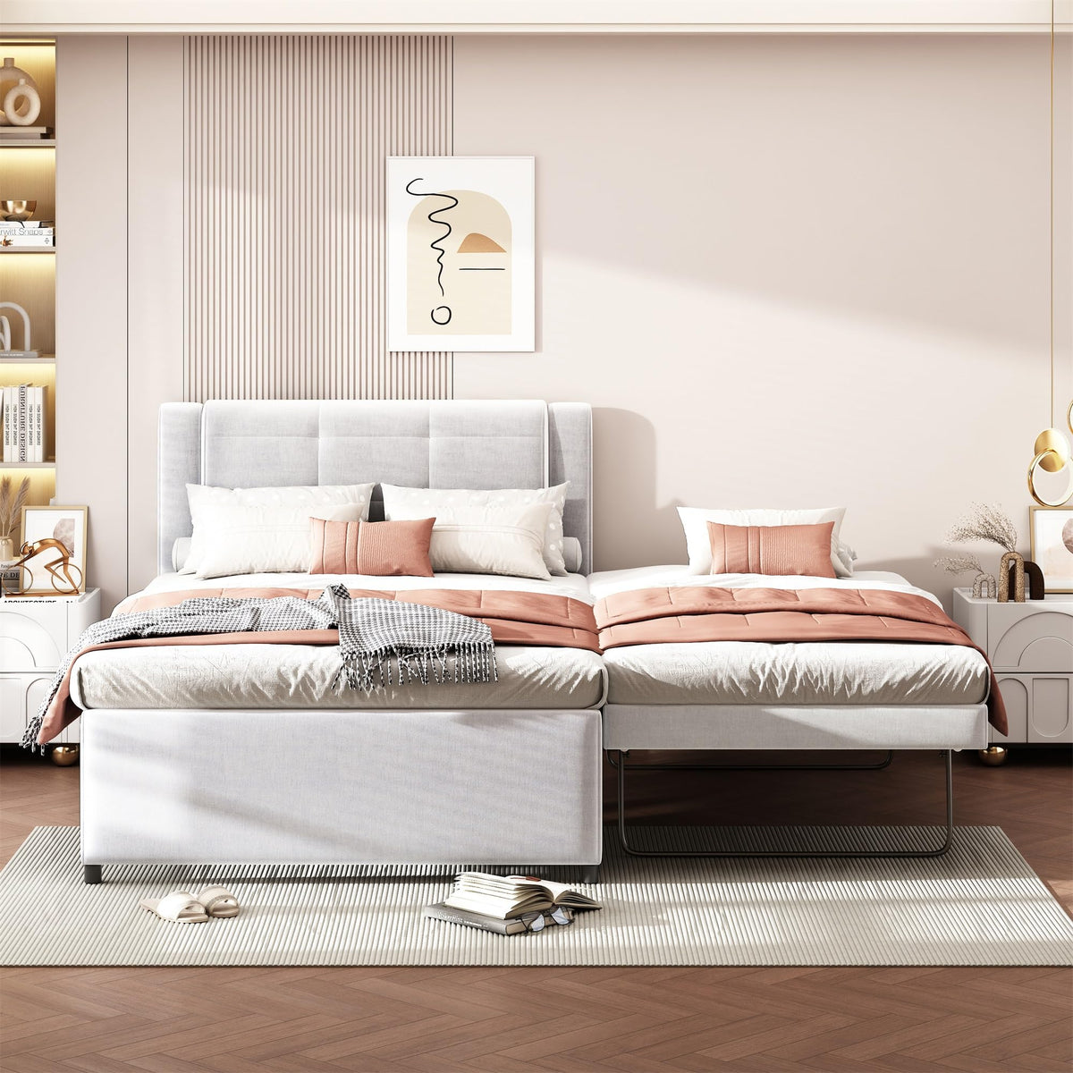 Full Size Linen Fabric Upholstered Platform Bed with Twin Size Trundle B899