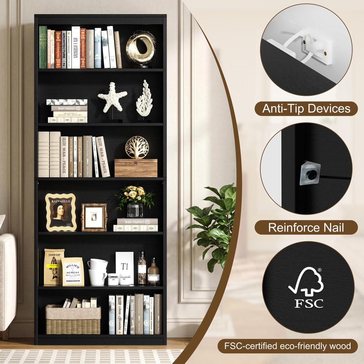 6-Tier Black Bookshelf K73129
