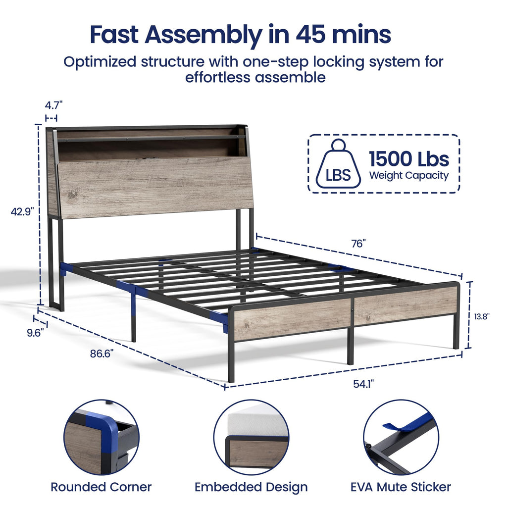 Queen Metal Platform Bed Frame with RGB Lights and Outlets A115