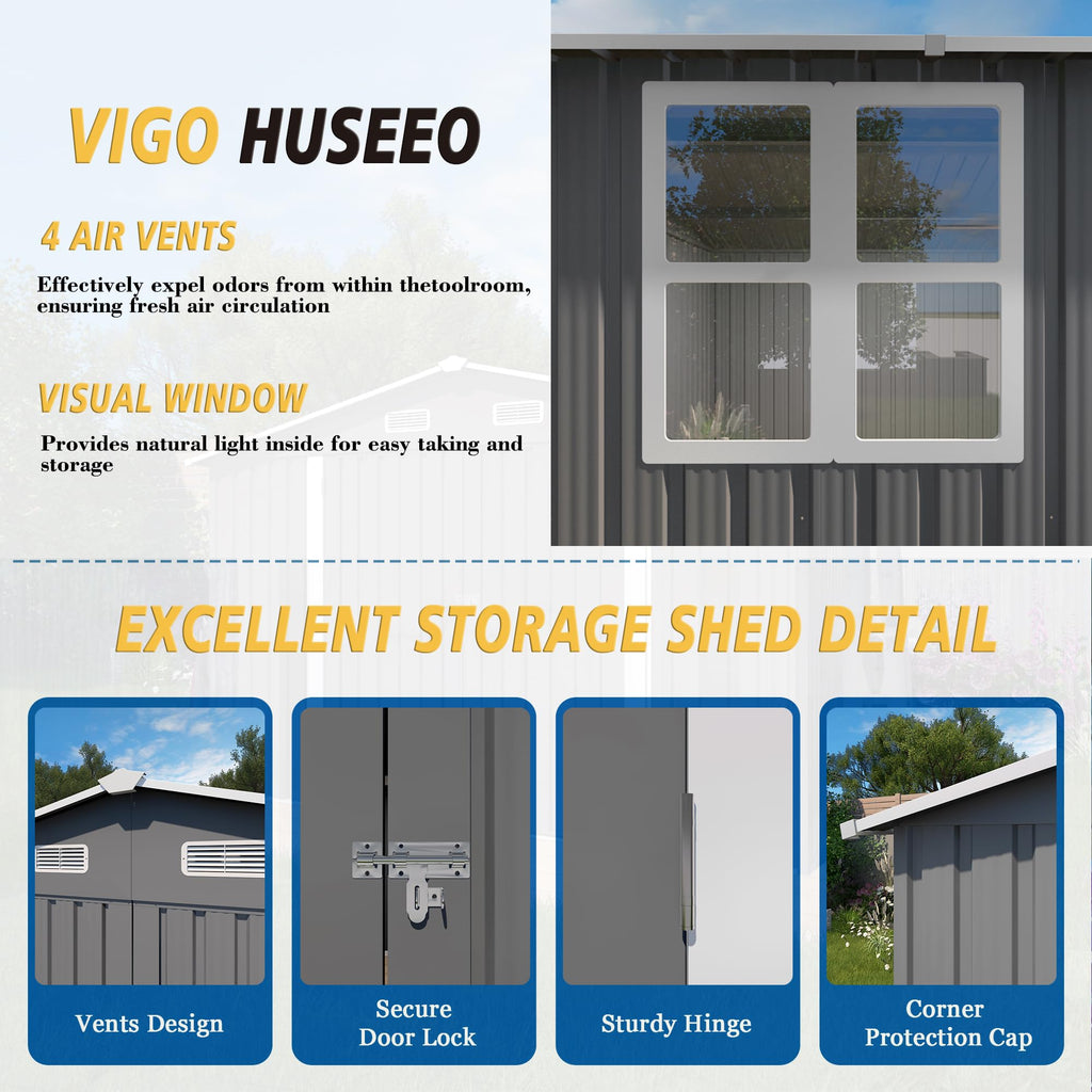 10x14x6.7FT Galvanized Steel Outdoor Storage Shed with Lockable Door & Window K6083
