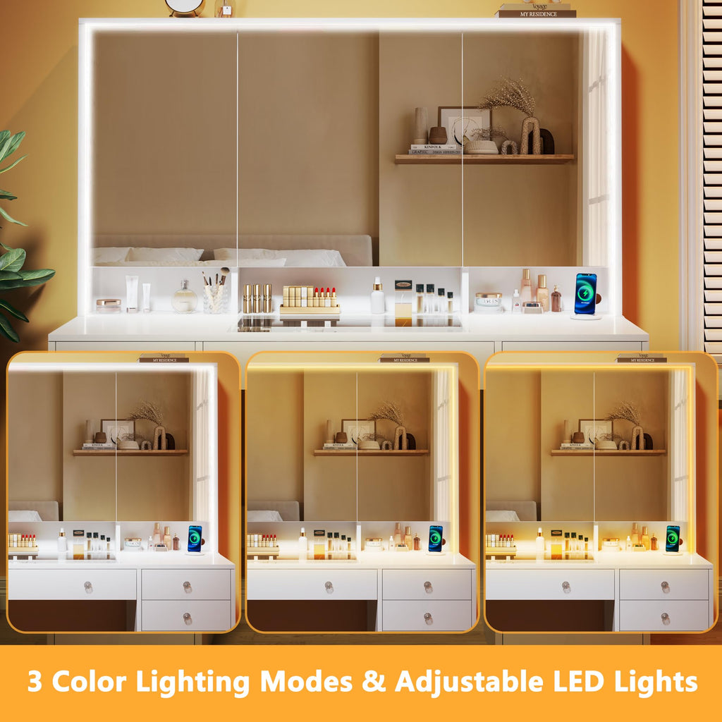 White Vanity Desk with Mirror and Lights V4369